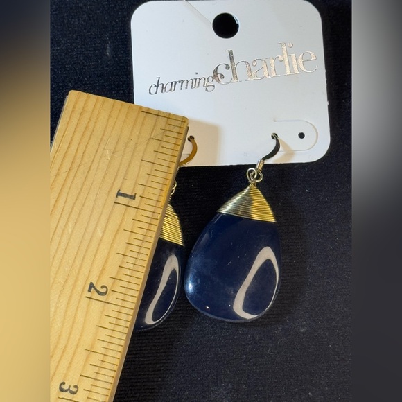 Charming Charlie’s Gold Tone Blue Enamel Teardrop Earrings 2 inch approx - Picture 4 of 4
